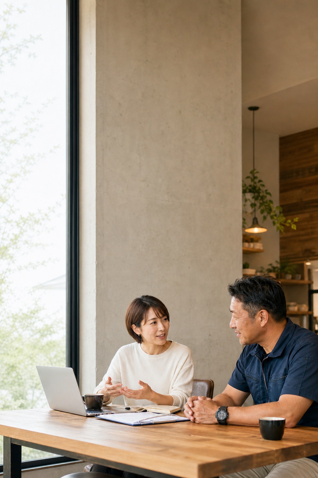 お店のホームページについて、店主と一緒に相談しながら進めている様子
