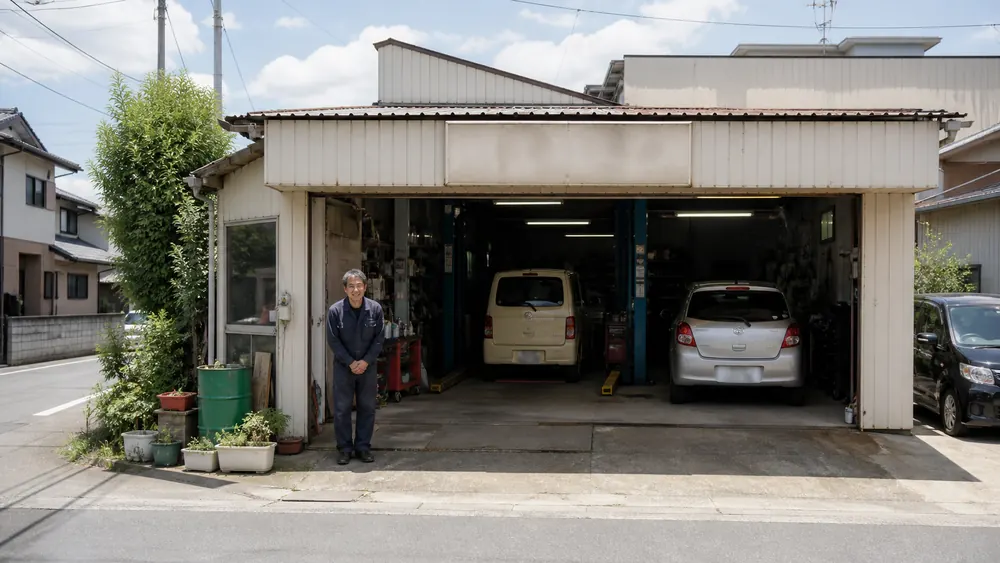 町の自動車整備工場の外観